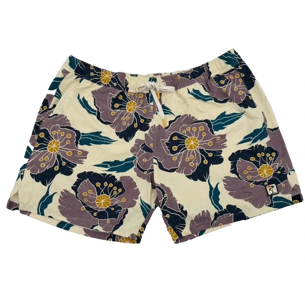 Marine Layer Shorts Mens XL Floral Tropical Print Cream Elastic‎ Waist Beach
